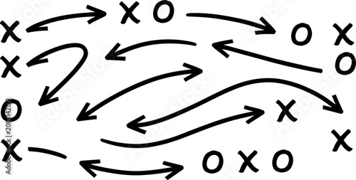Foto Sports strategy playbook doodle vector background with tactical scheme arrows cr