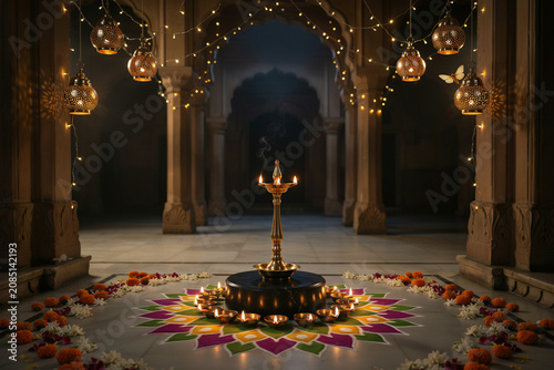 Diwali celebration with traditional oil lamp and colorful rangoli, festive Indian temple courtyard with glowing diya lights and floral decorations