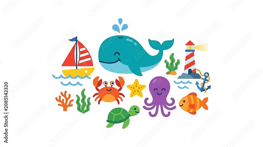 Obraz premium Cartoon marine life and nautical elements