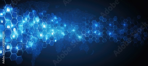 Glowing hexagonal grid overlaid on world map with digital lock icons
