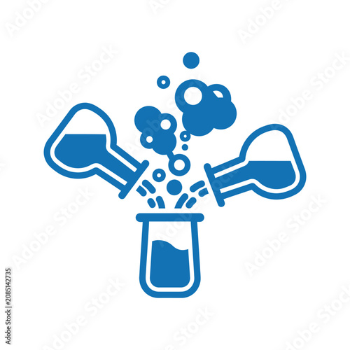 Fotografie Chemical reaction in laboratory flasks during science experiment with bubbles an