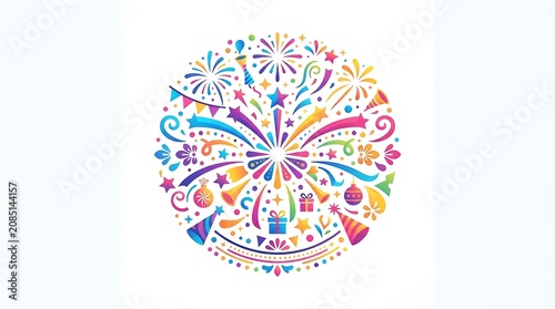 Celebration abstract circle design with fireworks and gifts