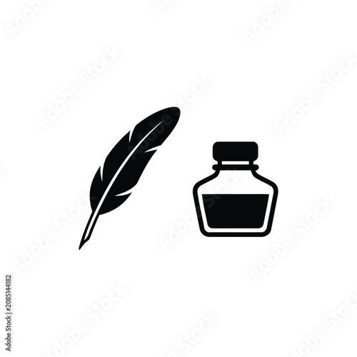 Feather quill and Ink bottle silhouette, isolated on white background