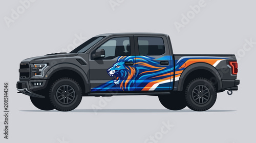 Modern Pickup Truck Vinyl Wrap Design with Powerful Lion Graphic Illustration