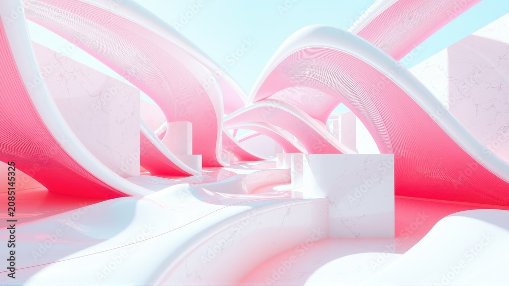 Fototapeta premium Abstract architecture. Smooth curves, pink hues, white structures create futuristic interior space. Minimalist design, bright lighting.