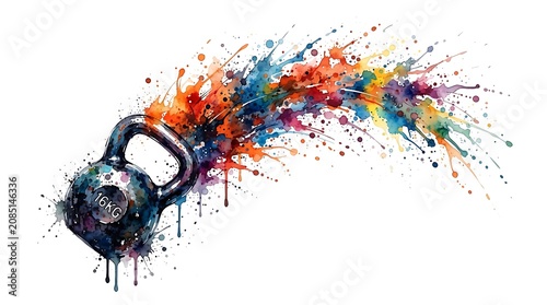 Kettlebell with colorful paint splatter explosion