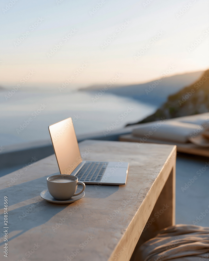 Fototapeta premium Sunset bathes a minimalist table beside a sea view. Open laptop sits ready for work or thought. Cup of coffee rests nearby, warm and quiet. Serene atmosphere suggests peace or focus