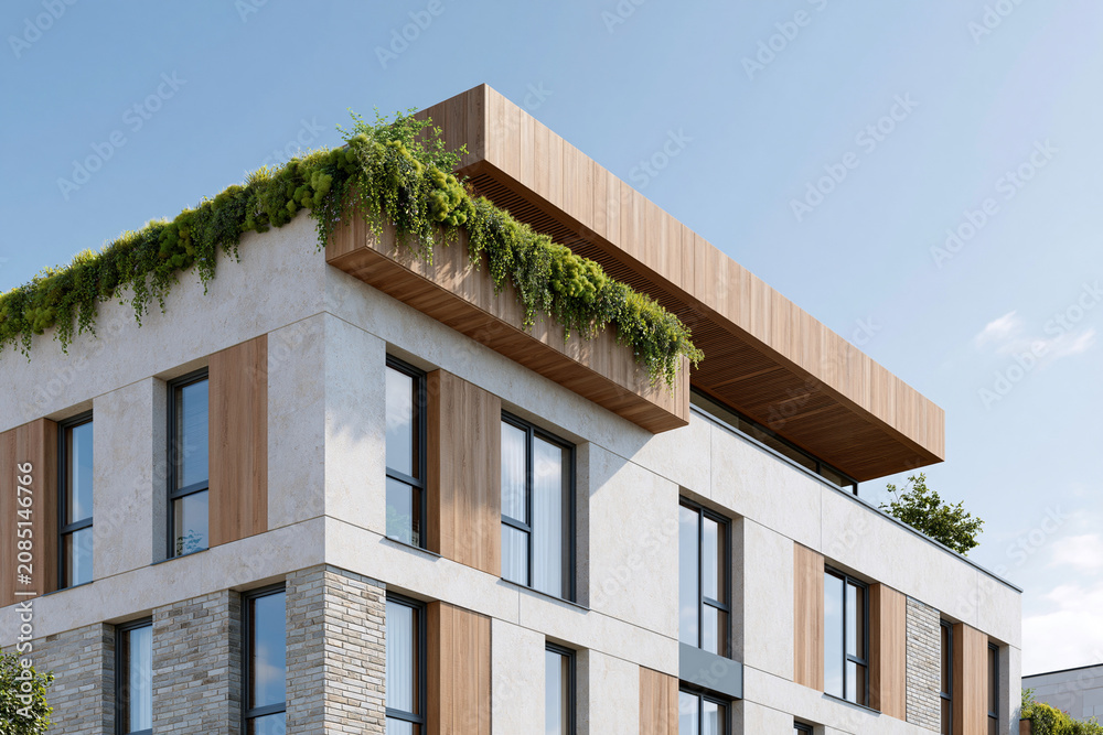 Fototapeta premium Modern building features green roof and wooden accents. Sky is clear, with soft blue tones and gentle clouds. Structure blends nature with urban design. Ideal for architecture, sustainability