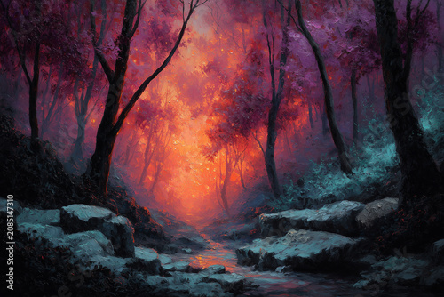 Vibrant orange glow through an enchanted forest path
