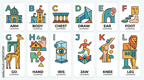 Alphabet flashcards with colorful geometric icons for early education