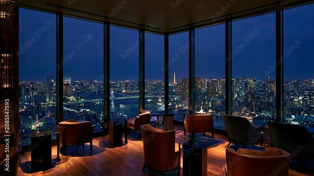 Fototapeta premium Luxurious lounge with panoramic city skyline views at dusk