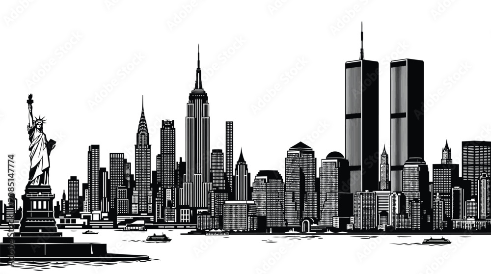 Fototapeta premium Iconic Statue of Liberty standing before a detailed black and white New York city skyline