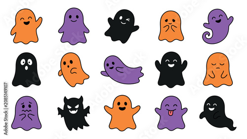 A collection of cute cartoon ghosts in orange purple and black colors