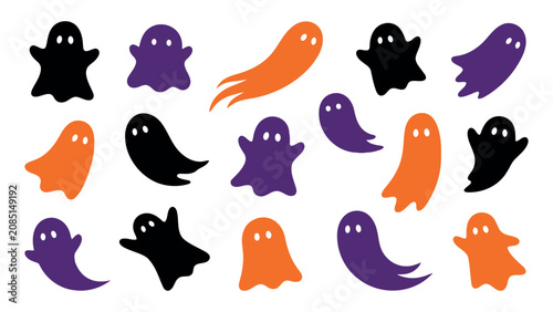 A collection of cute spooky ghosts in black purple and orange colors
