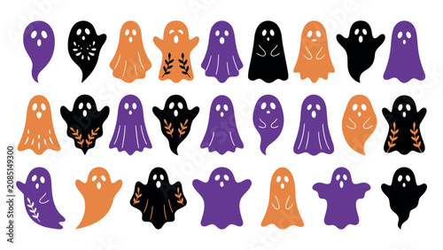 A Collection of Cute Colorful Halloween Ghosts in Flat Vector Style Illustration