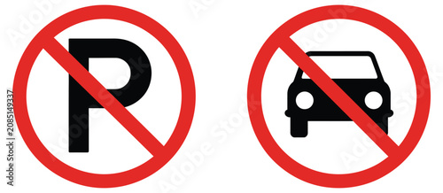 Fotografie No parking prohibition sign icons, showing no car restriction symbols, traffic control markings, road safety guidance, vehicle prohibition notices, and clean flat vector illustration