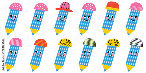 Foto Blue pencils with various headwear colorful vector illustration