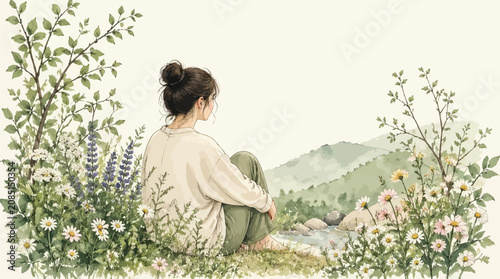Fotografía Young woman in casual attire sitting peacefully by a stream, surrounded by wildflowers and lush greenery, looking at distant misty mountains, seren