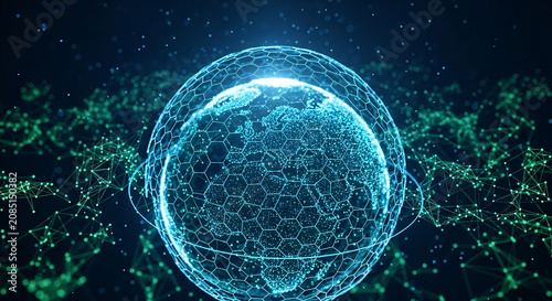 Glowing blue sphere composed of hexagons on a dark background with green molecular structures.