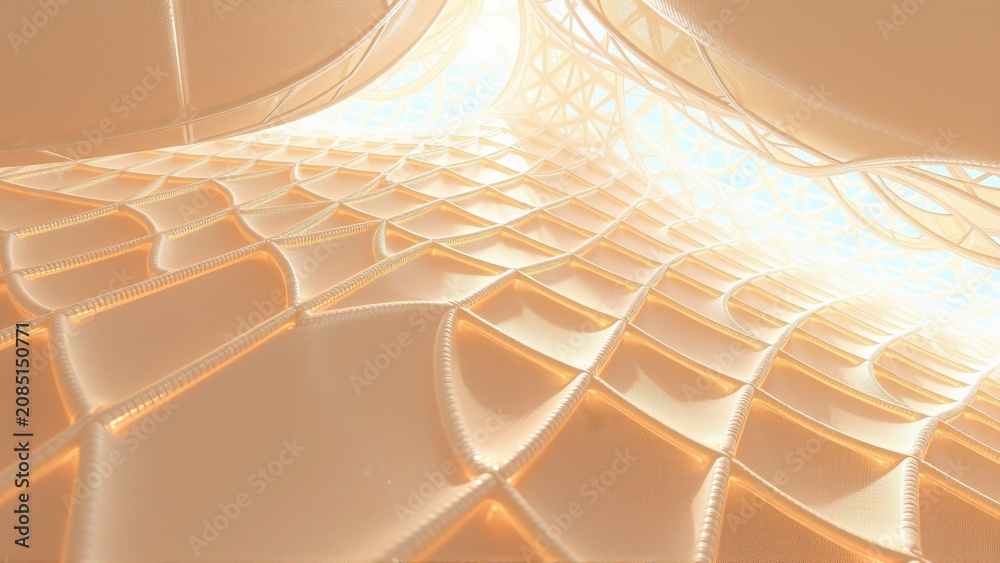 Fototapeta premium Abstract architecture, curved lines, warm tones, light source creates dramatic effect. Modern design, futuristic impression, complex geometry.