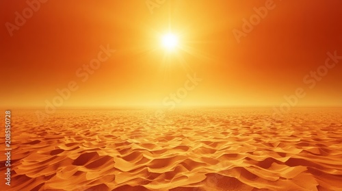 Extreme heat desert landscape with golden sand dunes under a blazing sun and intense sunlight creating a sweltering atmosphere in a vast arid wilderness
