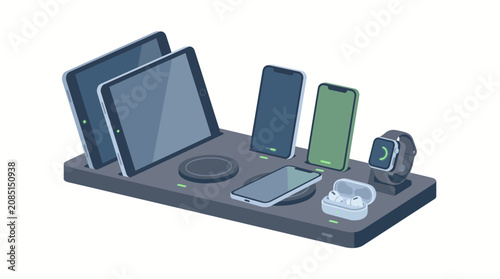 Charging station holds multiple mobile devices including tablets, smartphones, and wearable tech.
