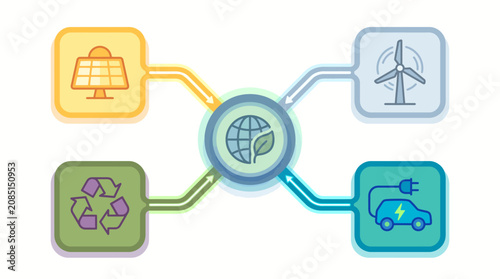 Sustainability icons illustrate a connected network of renewable energy and eco-friendly practices.