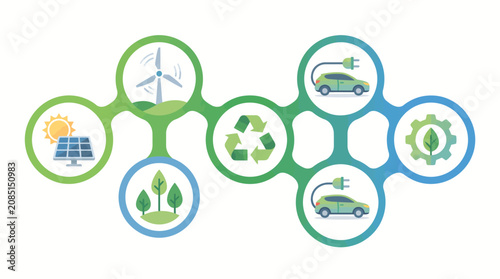 Sustainability icons illustrate renewable energy and electric vehicles connected within a modular circular infographic flow.
