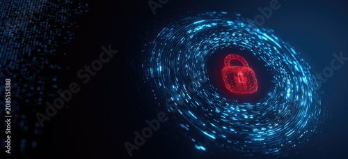 Red padlock symbol encased in a swirling vortex of blue digital particles