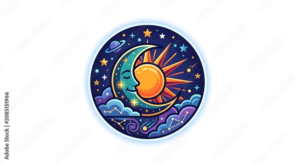 Naklejka premium Celestial bodies sun moon stars clouds cosmic scene
