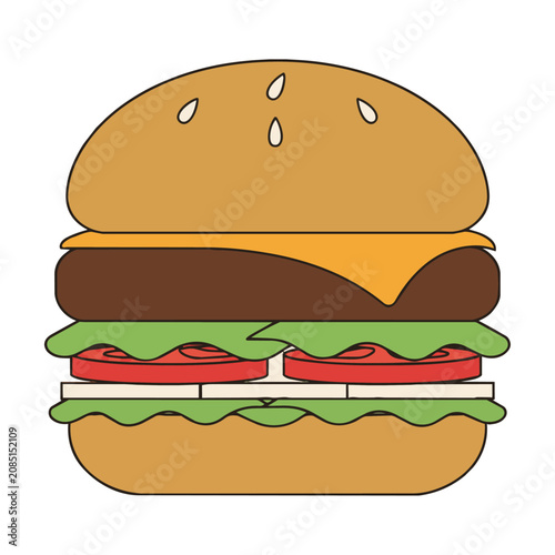 Clean line art hamburger in a flat graphic style with solid colors, isolated on white. Delicious fast food concept