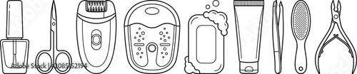 Konstfotografi Manicure pedicure and beauty salon tools icon set vector outline illustration including nail polish scissors epilator foot bath soap cream tweezers rasp and clippers