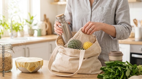 Close up of woman hands putting metal bottle and fresh vegetables into canvas tote bag in kitchen, zero waste lifestyle concept, eco friendly shopping habits, sustainable living