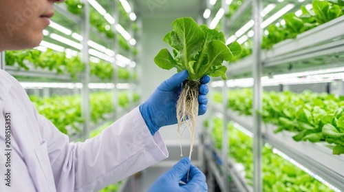 Scientist in laboratory holding fresh lettuce plant with roots for hydroponic farming research and vertical agriculture technology concept