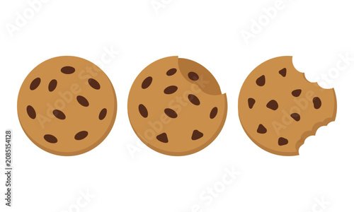 Three chocolate chip cookies in a horizontal row with bite marks and simple flat shapes on an isolated white background for a bakery branding concept