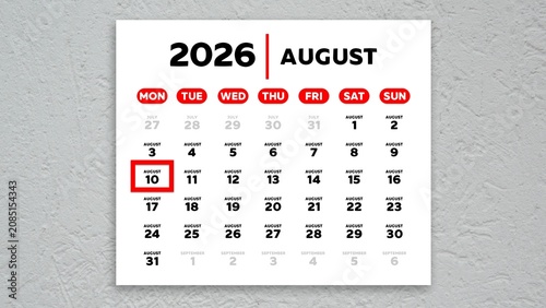 Red cursor highlighting August 10th on a 2026 wall calendar page