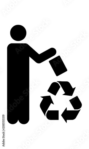 Minimalist icon of a human silhouette recycling waste into a circular symbol on a white background, environmental sustainability and waste management concept