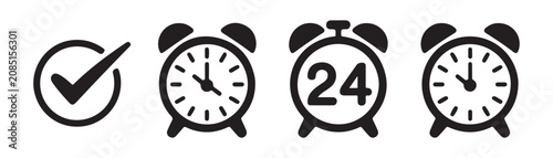Four alarm clock icons including one with check mark and another with '24' on transparent background.