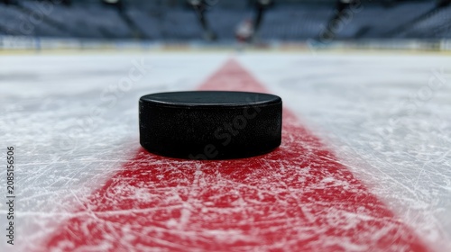 Close-up view of a hockey puck on the ice rink's red line