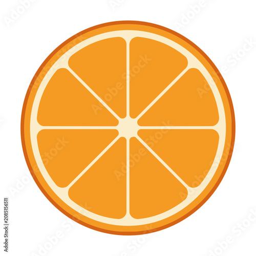 Stylized half slice of a vibrant orange with symmetrical radial pulp segments in flat geometric shapes isolated on a white background, fruit design concept