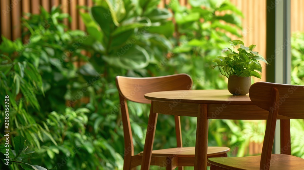 Fototapeta premium Wooden table with chairs amidst lush green plants in a serene indoor garden setting