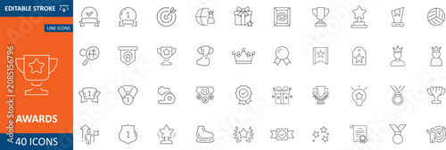 Awards Line Icon Set. Containing trophy, winner, medal, prize, success, best, reward, champion, star, certificate, badge and more. Editable Stroke. Vector Illustration.
