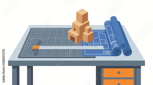 Architectural drafting table displays a set of wooden building blocks alongside rolled blueprints and a precision T-square ruler on a clean workspace.