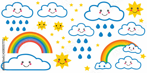 Φωτογραφία Weather Elements Illustration With Smiling Clouds Rainbows And Suns