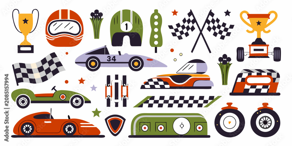 Obraz premium Racing Elements Vector Illustration With Cars Helmets And Trophies