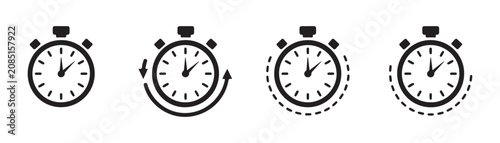 Set of black stopwatch icon designs for time tracking concepts isolated on transparent background vectors.