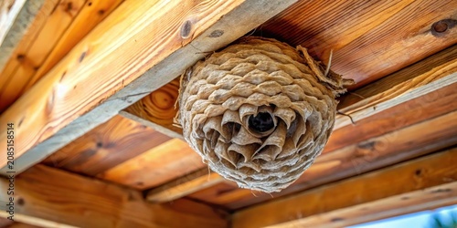Close-up of a primary Vespa velutina nest installed in the beam of a house