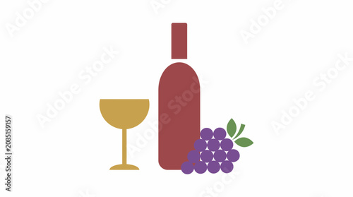 Wine bottle is positioned next to a stemmed glass and a cluster of grapes to represent a classic vineyard harvest theme.