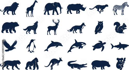 Photography Wild Animals and Marine Life Silhouette Icon Set featuring Safari Mammals Birds