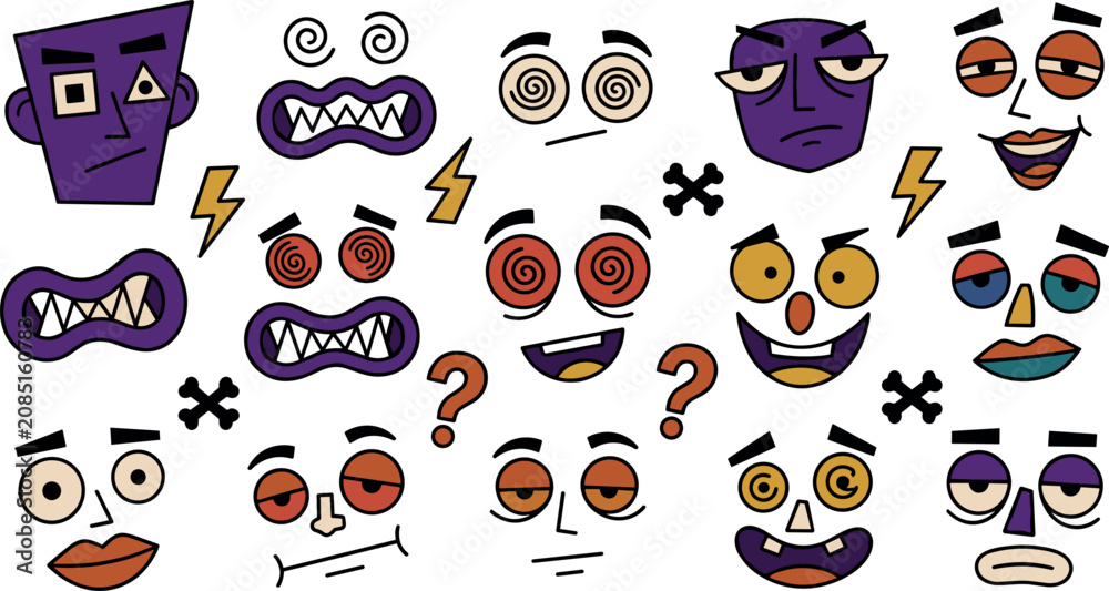 Obraz premium Retro Cartoon Facial Expressions and Abstract Comic Emotion Icon Set with Crazy Hypnotic Spiral Eyes Shocked Angry and Confused Doodle Characters Vector Illustrations